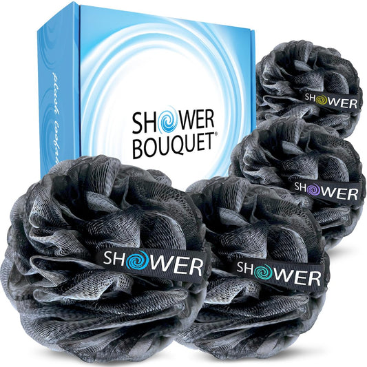 SHOWER BOUQUET Loofah-Charcoal Bath-Sponge-4-Pack // Extra-Large 75g Soft Mesh Black Loofa Lufa Loufa Luffa Puff Set/Exfoliating Body Scrubber for Women and Men - Exfoliate & Soothe Face & Body