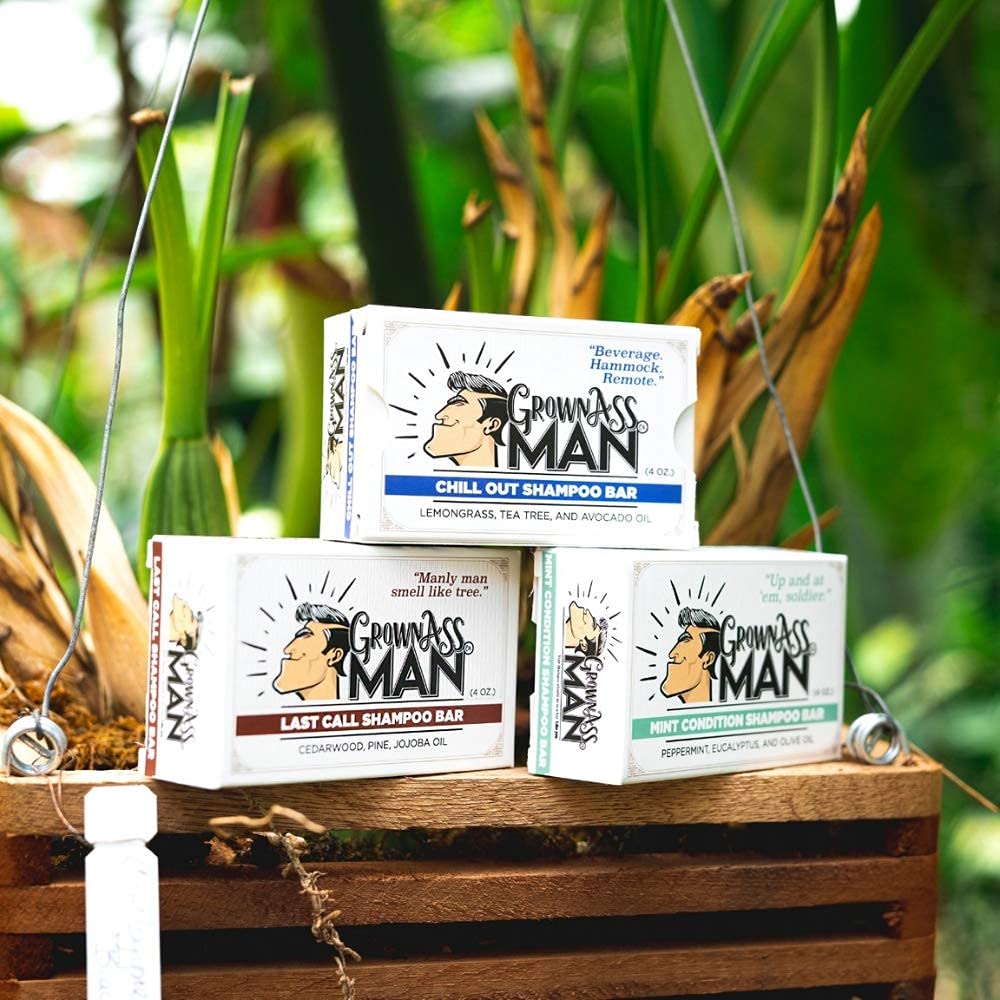 Grown Ass Man Co. - Solid Shampoo Bar Rich Lather 3 in 1: Hair, Beard & Body Wash - Plastic Free & Eco-Friendly, Natural & Organic Clean for All Hair Types, 4oz Bar (Variety, 3-Pack)