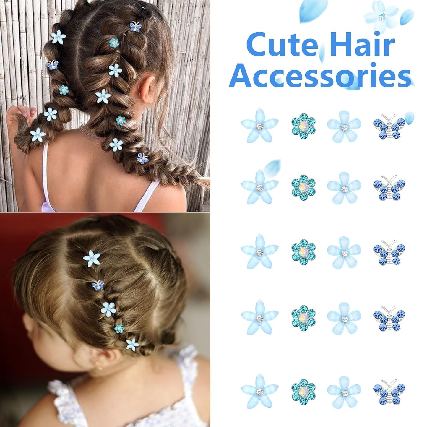 YISSION 20 Pcs Mini Flower Hair Clips Rhinestone Butterfly Hair Pins Small Decorative Hair Clips Wedding Hair Barrettes Blue Hair Clips Bridal Flower Girl Hair Accessories for Girls Women