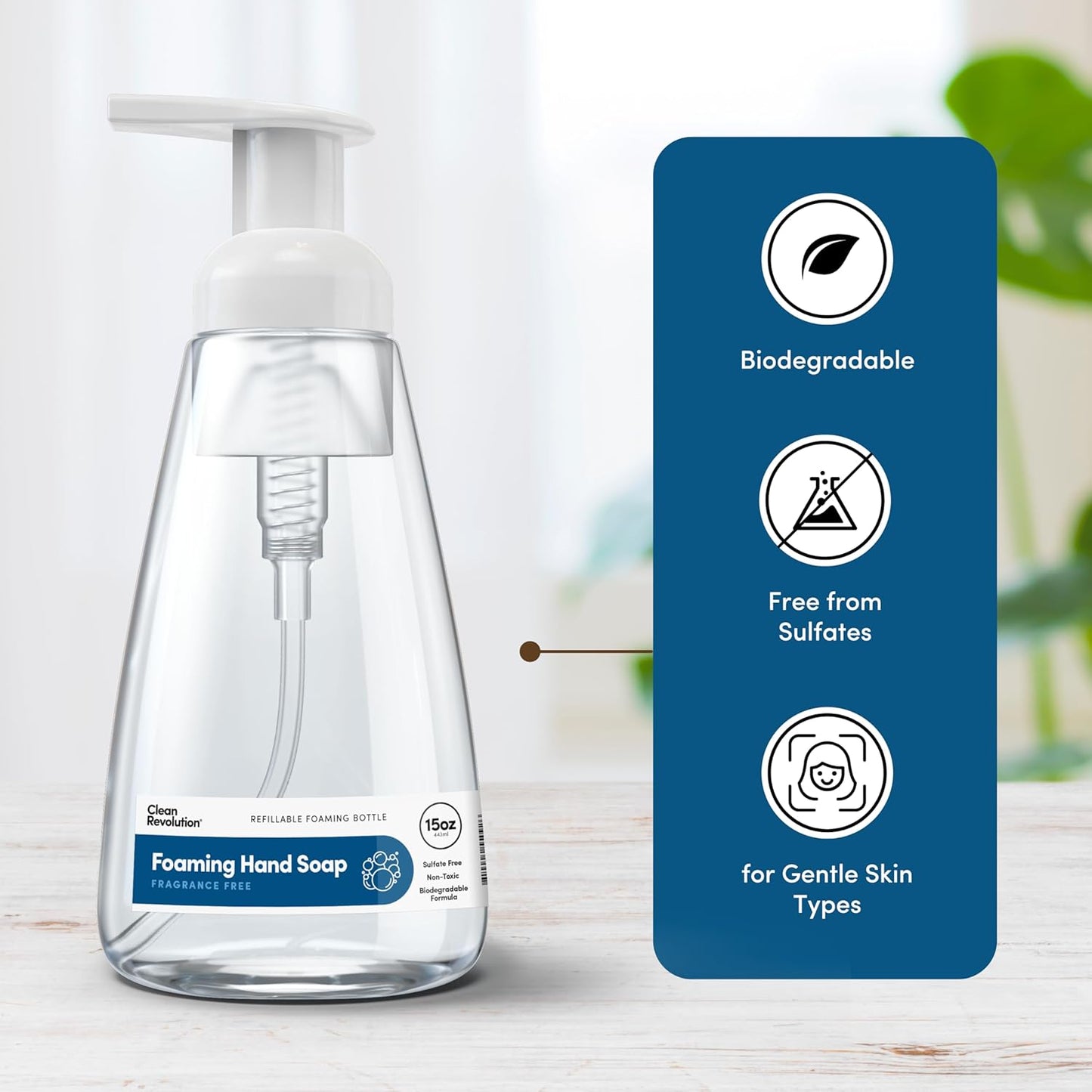 Clean Revolution Foaming Hand Soap, Gentle, Moisturizing, Ready To Use Formula, Real Essential Oils, Gluten Free, Fragrance Free, 15 Fl Oz