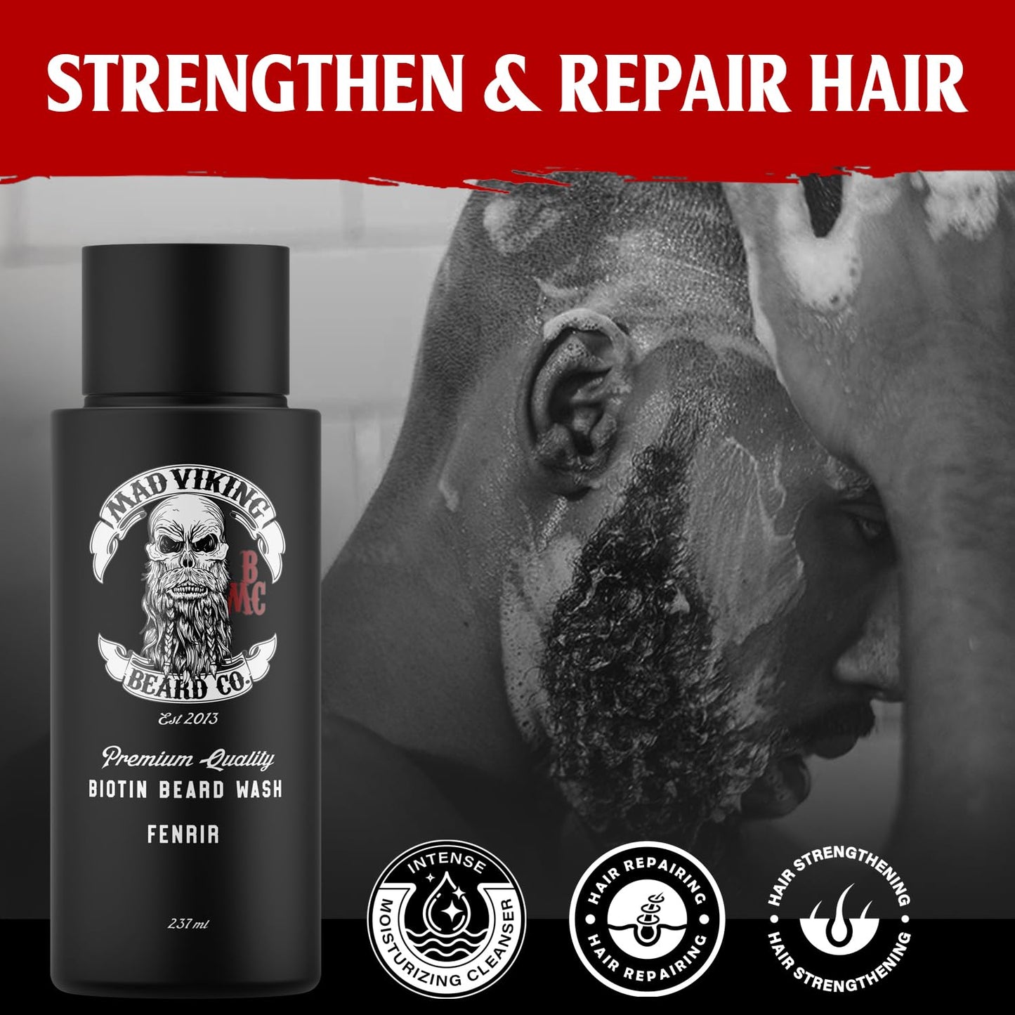Mad Viking Fenrir Biotin Beard Wash - Moisturizing Cleanse - Grow a Healthy Beard - Made with Premium Ingredients to Fight Itch & Dandruff - Bourbon, Neroli, Rum & Tobacco Scent, Made in the USA - 8oz