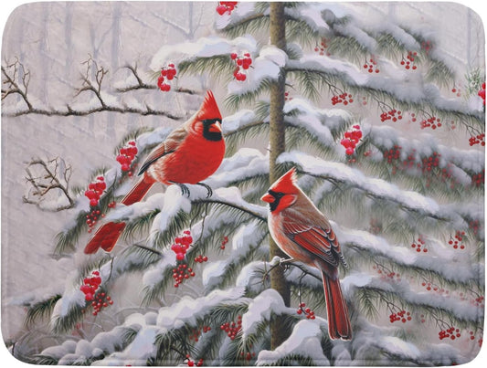 Red Birds Dish Drying Mat Winter Berry Dish Drainer Mats Absorbent Reversible Microfiber Kitchen Countertop Protector Dishes Pad 18x24 inch