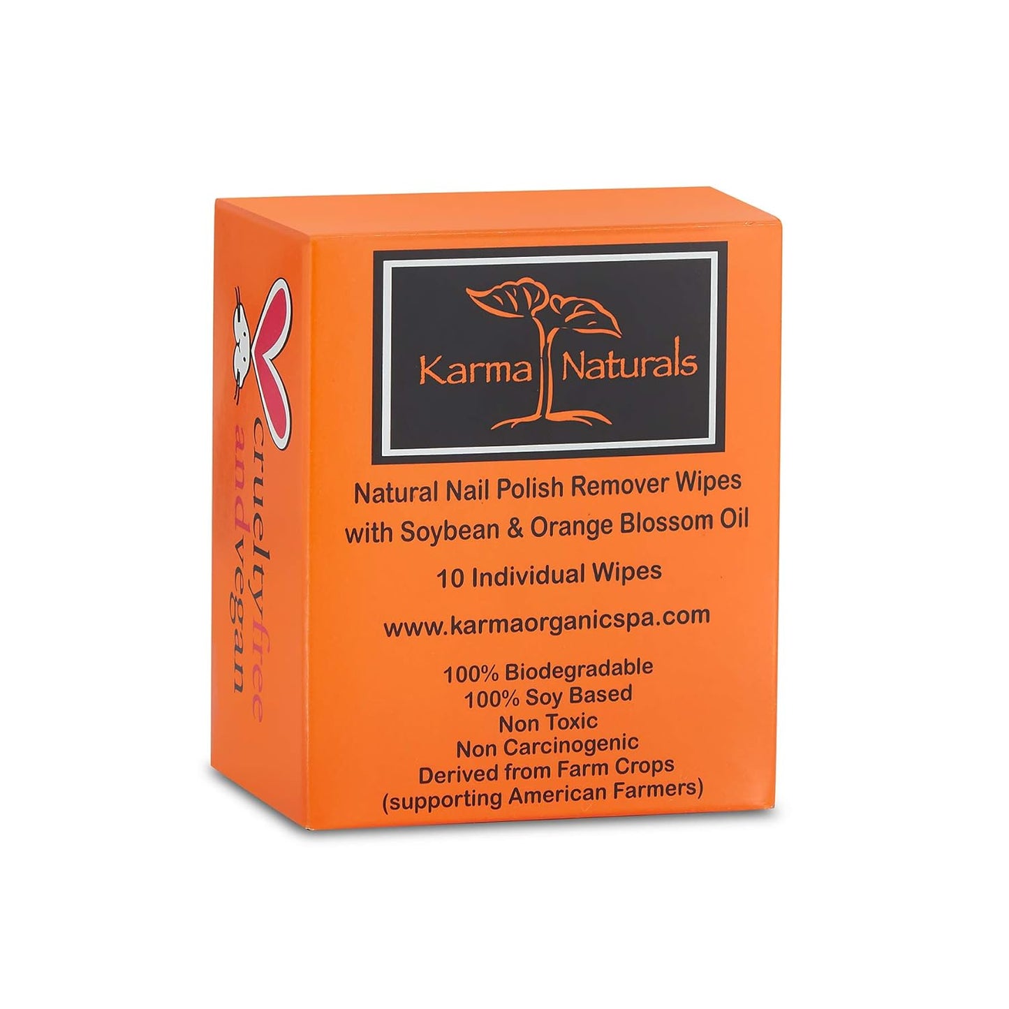 Karma Organic Natural Nail Polish Remover Wipes with Soybean and Orange Blossom Oil, 100% Soy Based, Non-Toxic, Vegan, Cruelty-Free – Pack of 10