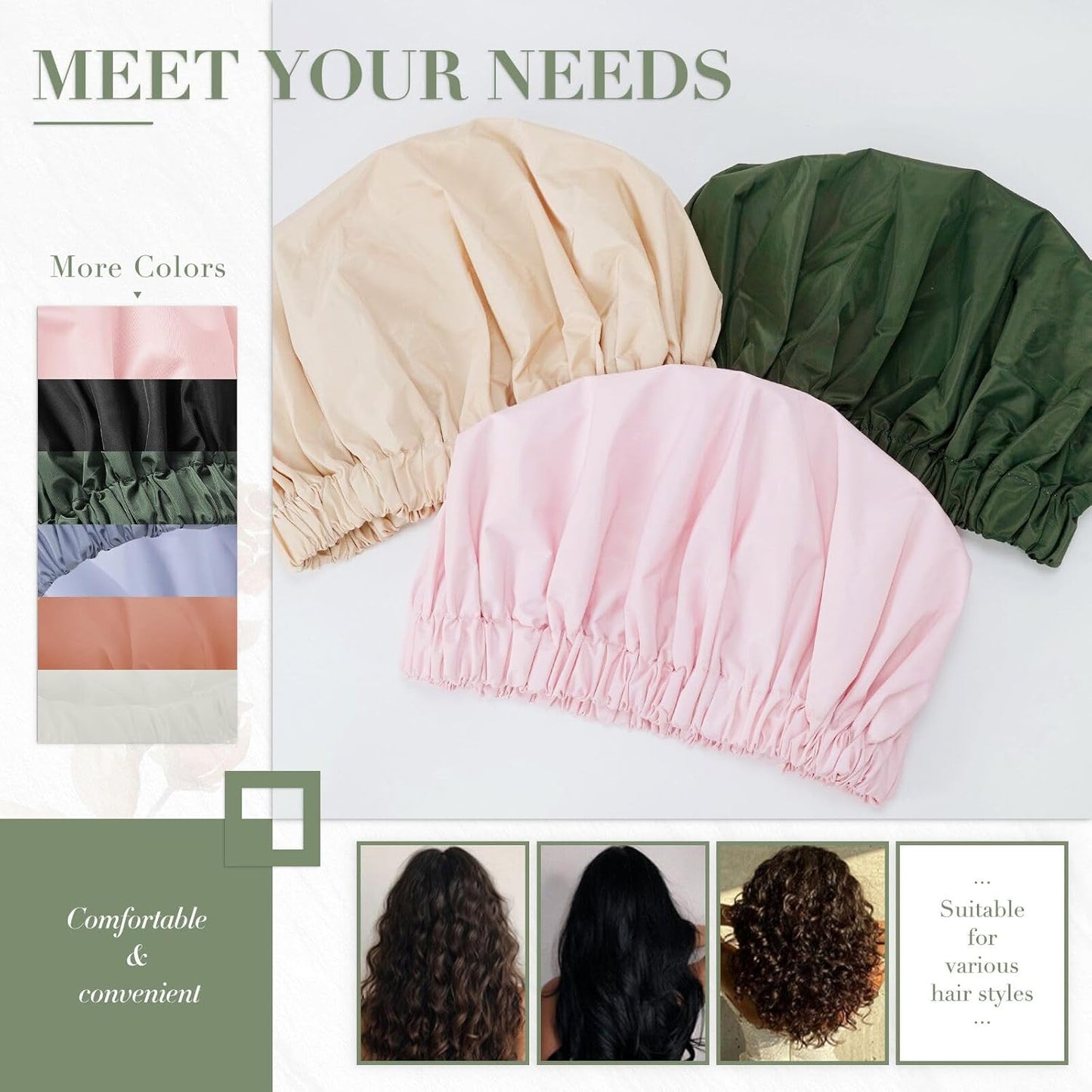 Reusable Shower Cap for Women, Large Waterproof Shower Essentials Bonnet Washable Elastic Band Bath Hair Wrap Hat for Long Hair, Braids(Dark Green)