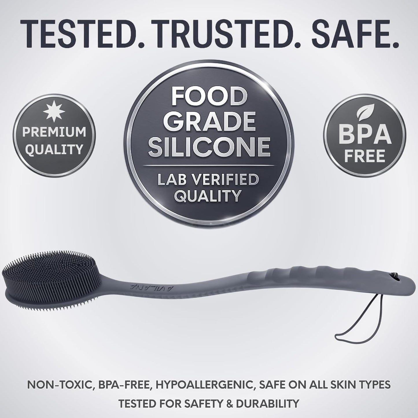 Avilana Silicone Body Scrubber – Gentle Shower Brush & Loofah Alternative- Food Grade & Lab Tested – Fast-Drying, Hygienic, BPA-Free Silicone Body Gentle Exfoliator (Dark Gray, Long Handle)