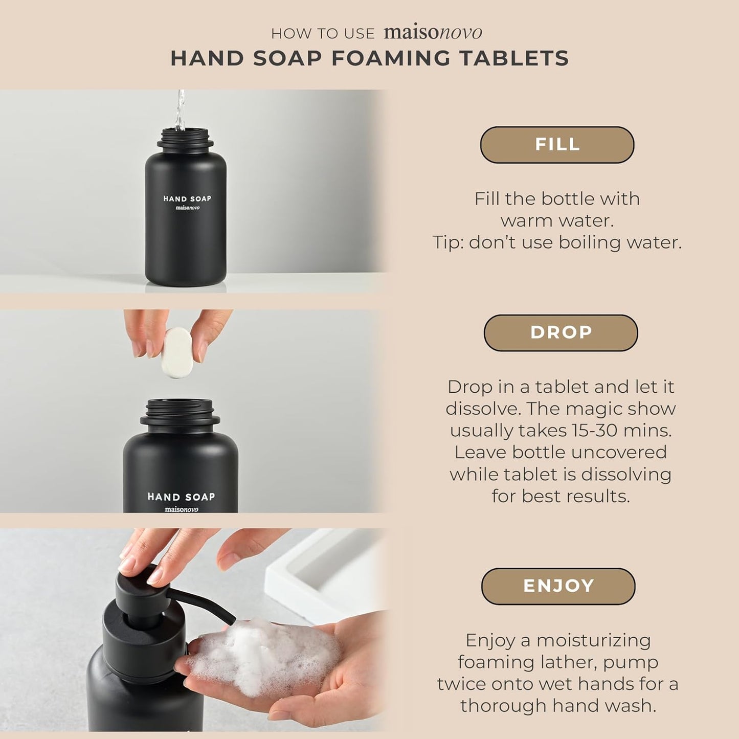 MaisoNovo 14 oz Black Glass Foaming Soap Dispenser with Black Pump - Mixed 4 Pack Foaming Hand Soap Refill Tablets