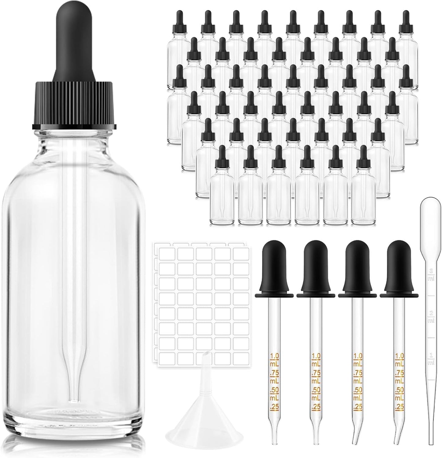 Bumobum 48 Pcs, 2 oz Clear Glass Dropper Bottle with 4 Extra Glass Dropper, 1 Funnel, 1 Pipette, 80 Labels, 60ml Travel Bottles for Essential Oils, Perfume, Hair Oil, Liquids - Leakproof