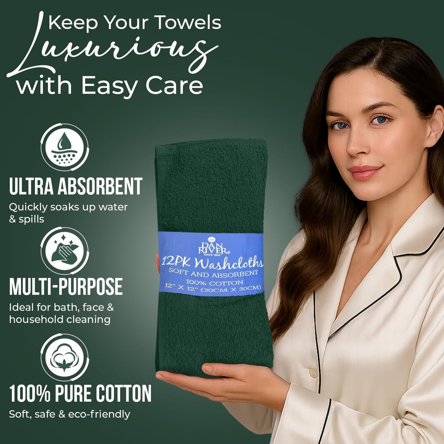 DAN RIVER 100% Cotton Wash Cloths 12 Pack [12x12] Soft & Absorbent Bath washcloths, Gym, Hotels & Spa Perfect for Everyday Use Fingertip Towels, Hunter Green