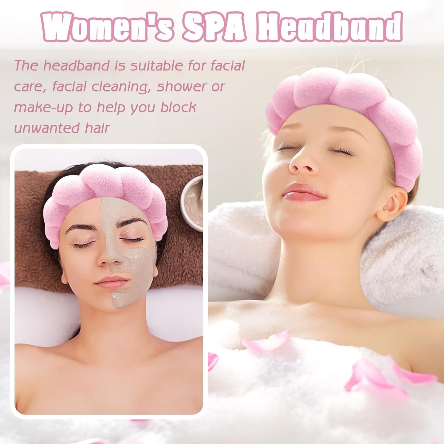 Zkptops Spa Headband for Washing Face Wristband Set Sponge Makeup Skincare Headband Terry Cloth Bubble Soft Get Ready Hairband Women Girl Puffy Padded Headwear Non Slip Thick Hair Accessory(Pink-2)