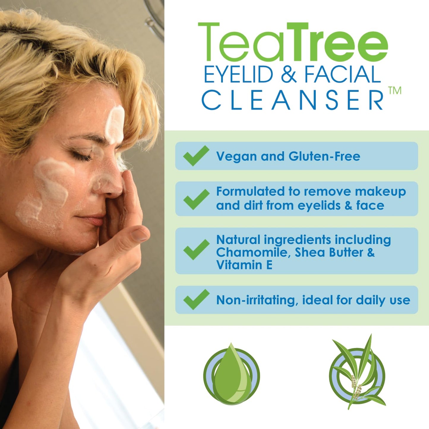 Gentle Tea Tree Oil Foaming Facial Cleanser – 6oz – Non-Irritating Eyelid Cleanser & Face Wash with Tea Tree, Chamomile & Shea Butter