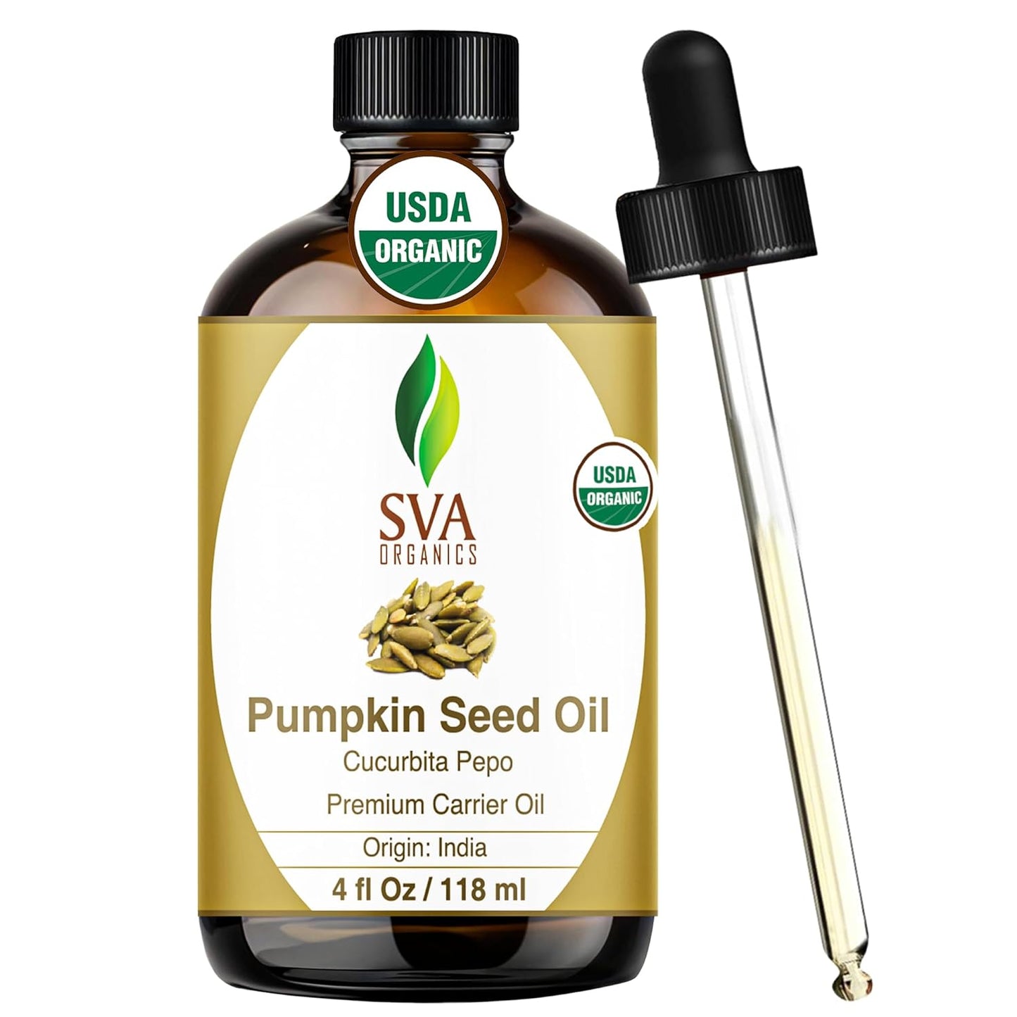 SVA Pumpkin Seed Oil Organic - 4 Fl Oz – 100% Natural Cold Pressed Organic Pumpkin Oil - for Face, Skin Care, Hair Care, Scalp Massage & Body Massage – Carrier Oil with Dropper