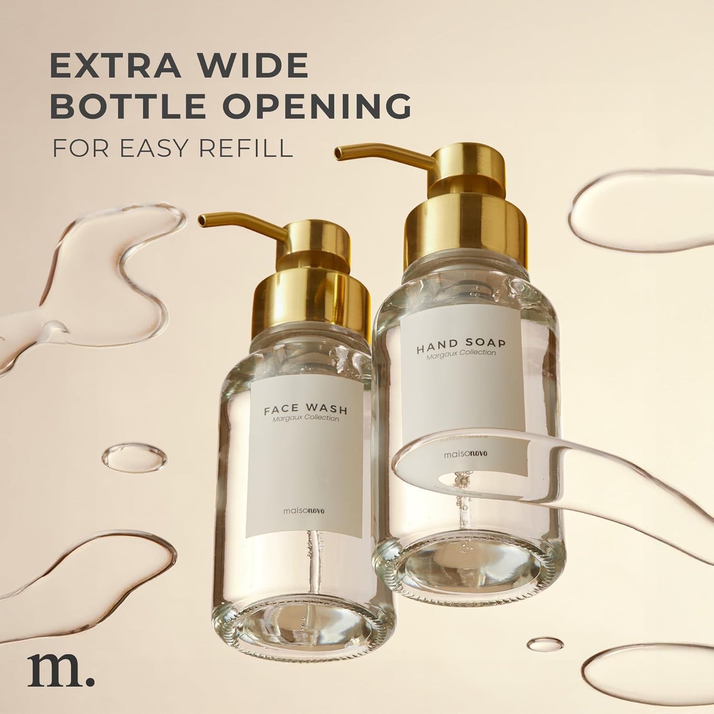 MaisoNovo Glass Foaming Soap Dispenser | Clear Glass Gold Pumps x 2 with Tray