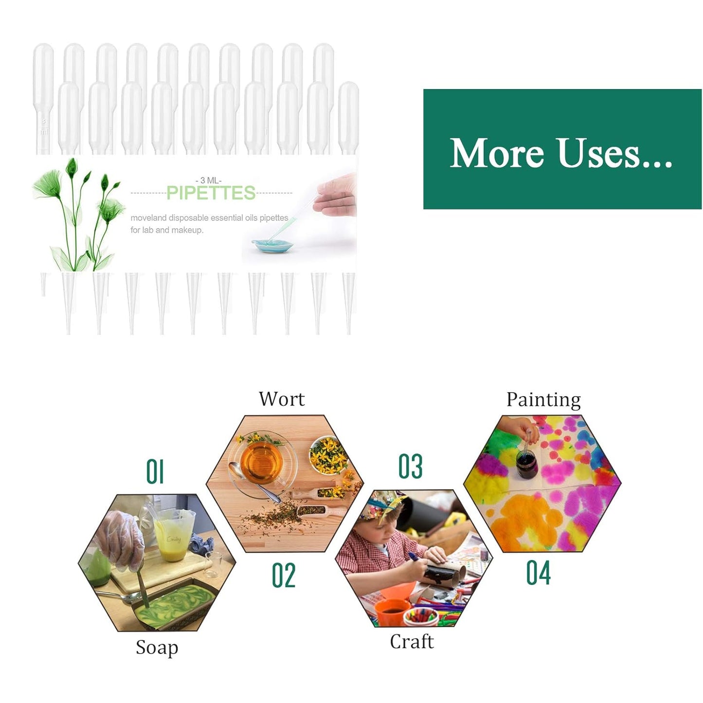moveland 3ml Disposable Plastic Transfer Pipettes, Calibrated Dropper Suitable for Science Laboratory, DIY Art (300)