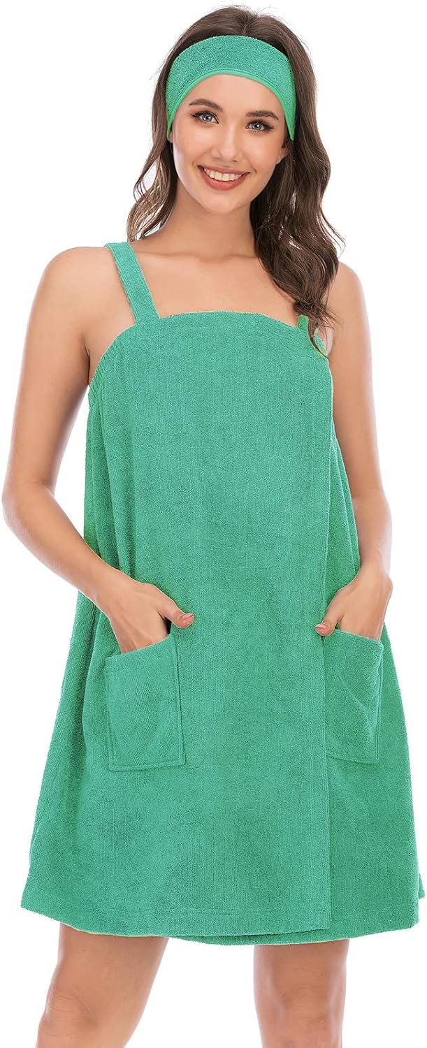 Veseacky Women Bath Wrap Towel for Womens Shower with Pocket Adjustable Spa Robe & Facial Headband