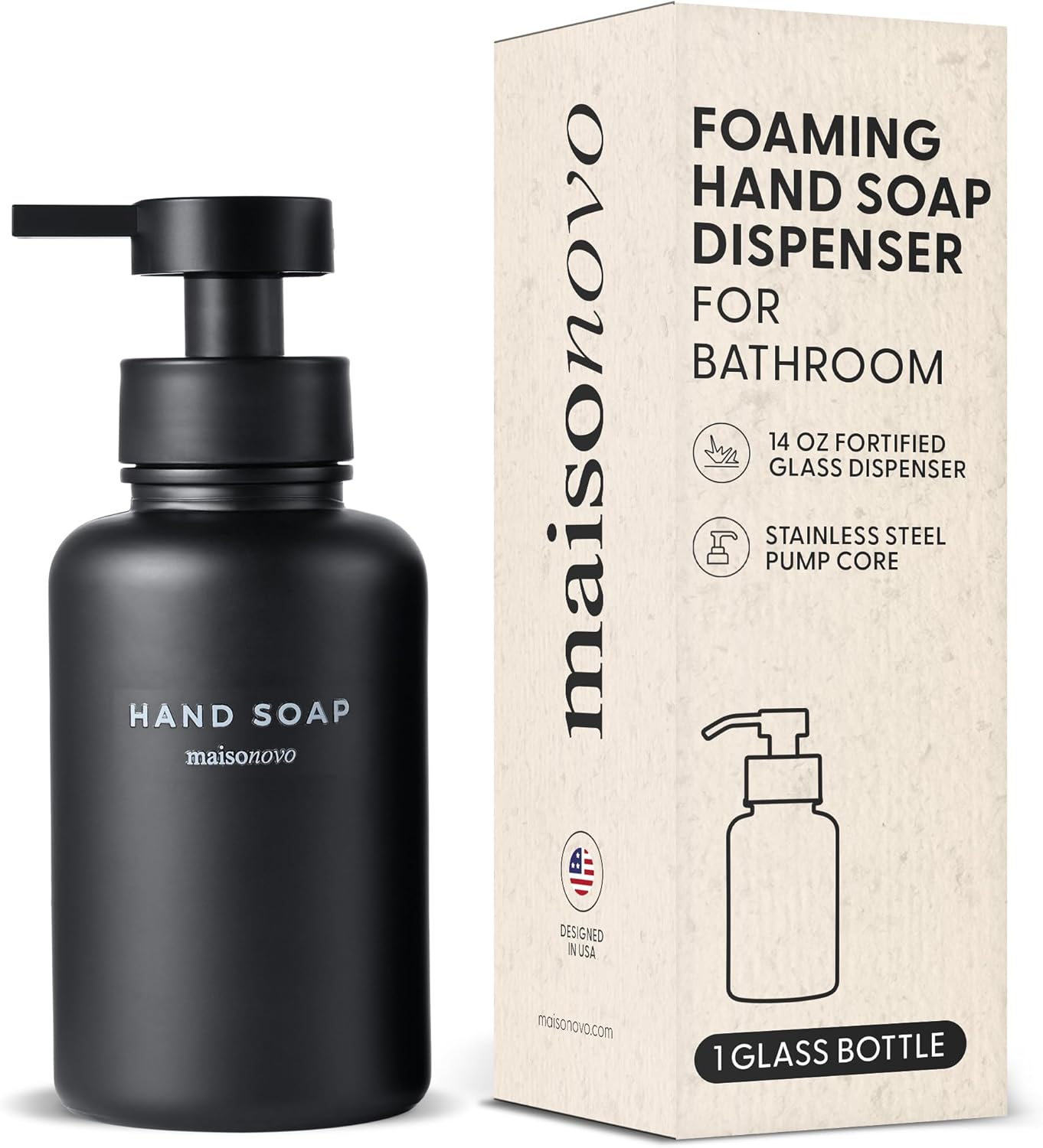 MaisoNovo Glass Foaming Hand Soap Dispenser 14 Oz | Black Foaming Soap Dispenser Black Plastic Pump x 1 w/Labels
