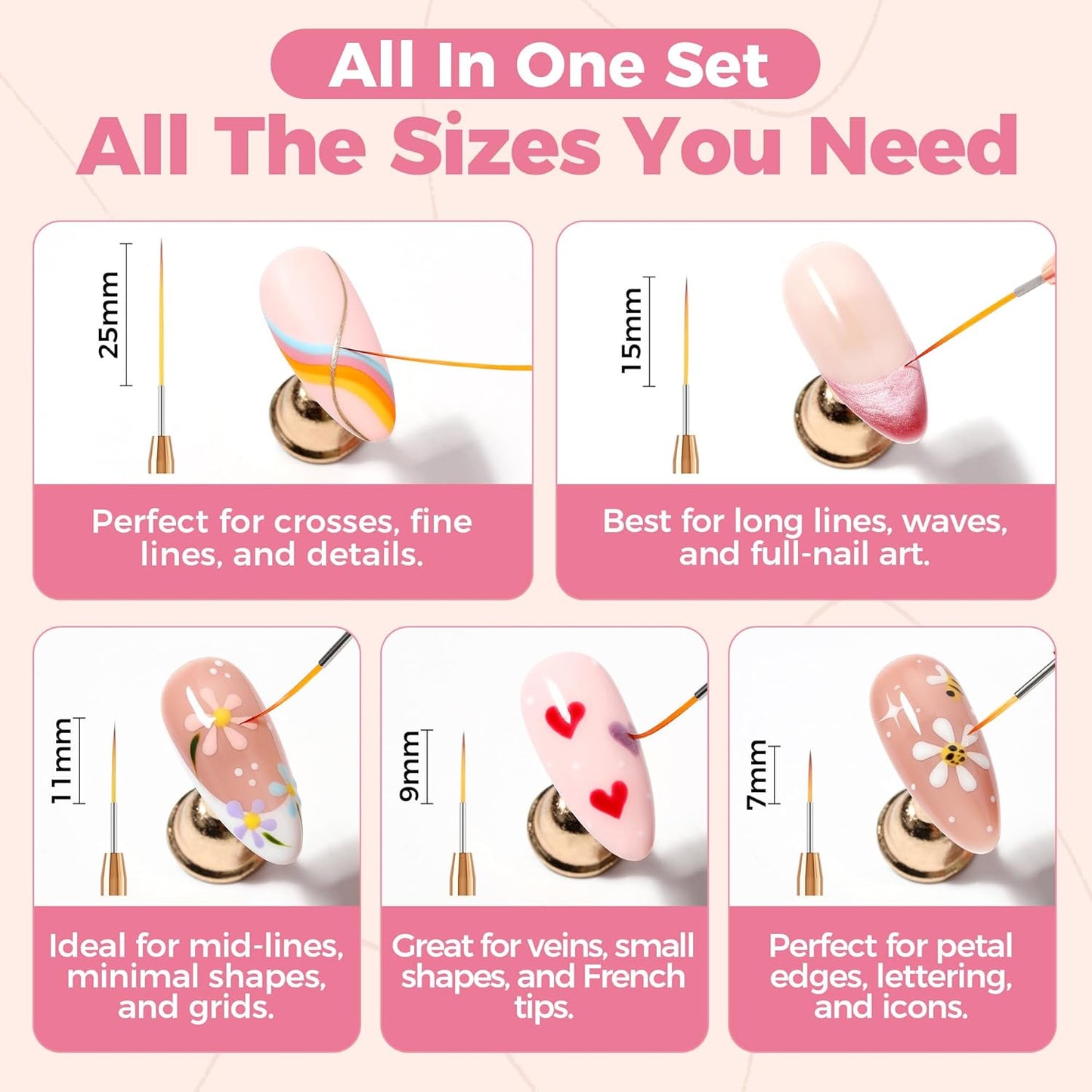 UNA GELLA Nail Art Brushes Metallic, 5 Count Liner Pens Set For Nail Art Gel Polish, Detail Nail Art Design Painting Brush Set For Nails Gel Fine Drawing Nail Tools, Sizes 7/9/11/15/25mm