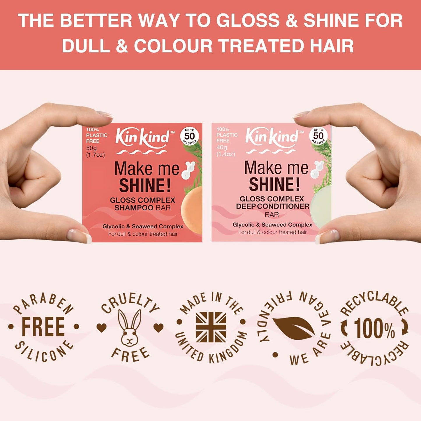 KinKind Hair Gloss Shampoo and Conditioner Bar Set. Make me SHINE! Glycolic Acid & Seaweed Shampoo Bar and Conditioner with Glycolic Gloss Complex for Dull & Coloured Hair. Vegan, UK made