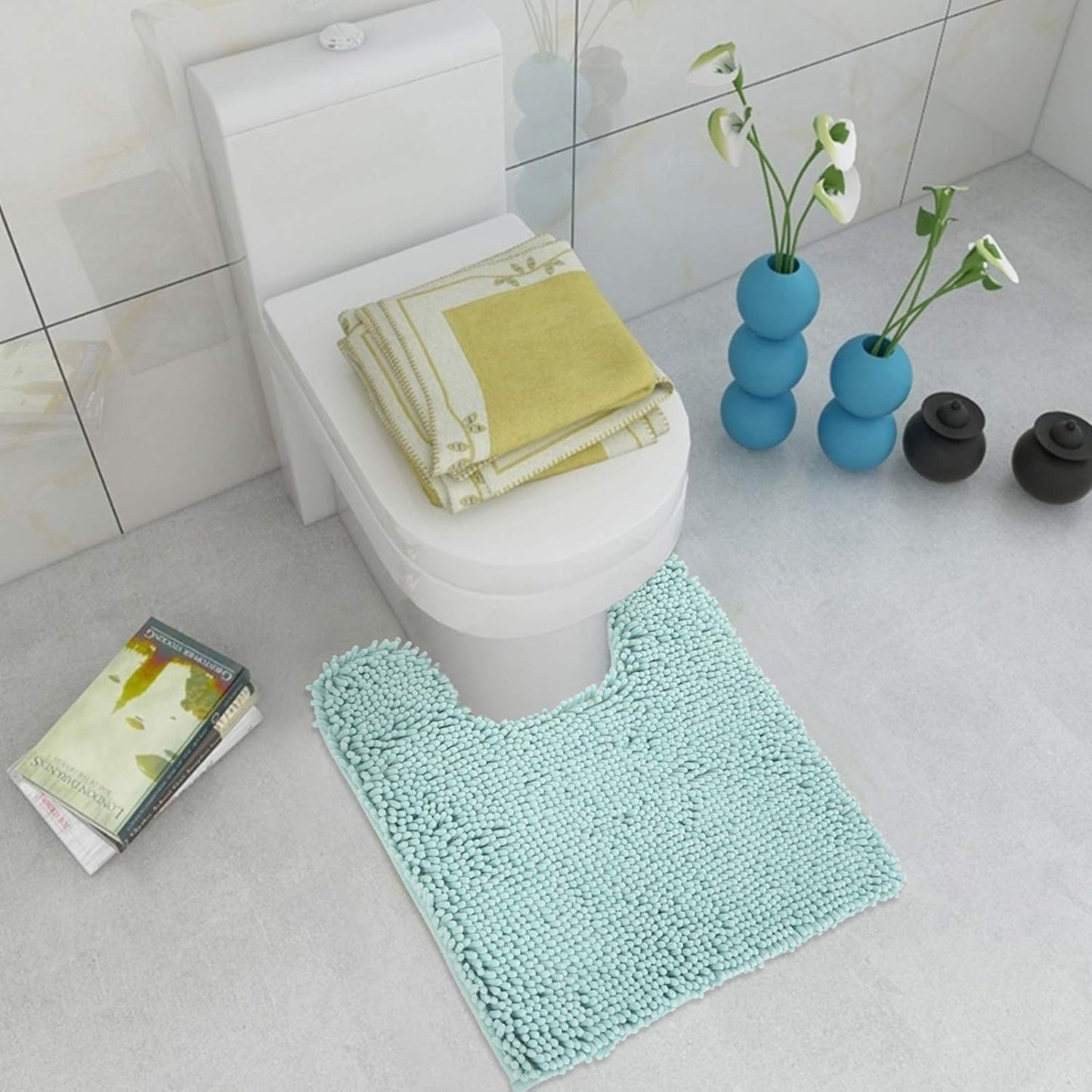 ITSOFT Non-Slip Shaggy Chenille Toilet Contour Bathroom Rug with Water Absorbent, 24 x 21 Inches U-Shaped Spa Blue