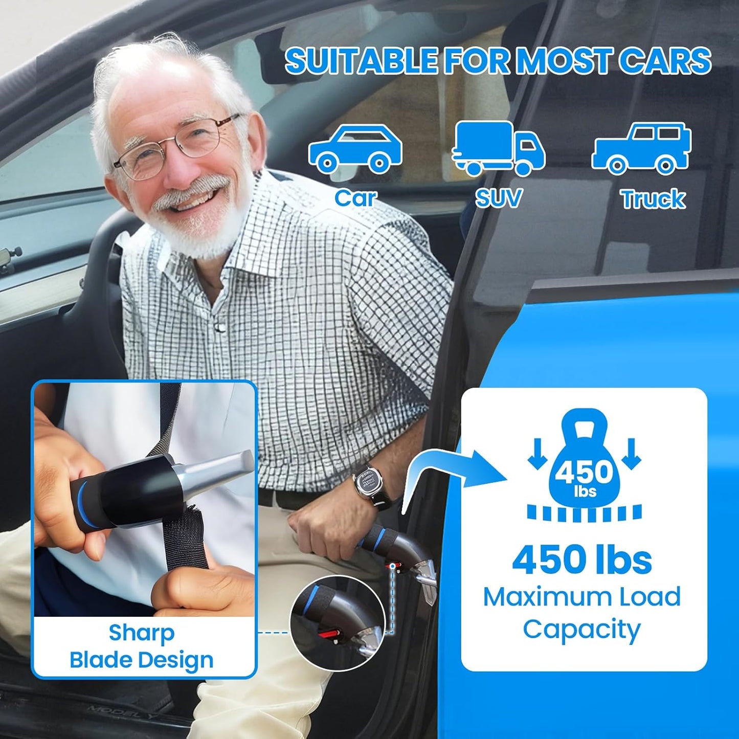 3pc Elderly Mobility Independence Assist Kit: Portable Lift Standing Aid, Car Door Assist Handle for Elderly & Adjustable Handrail Strap for Seniors, Disabled, Handicap & Pregnant to Convenient Travel