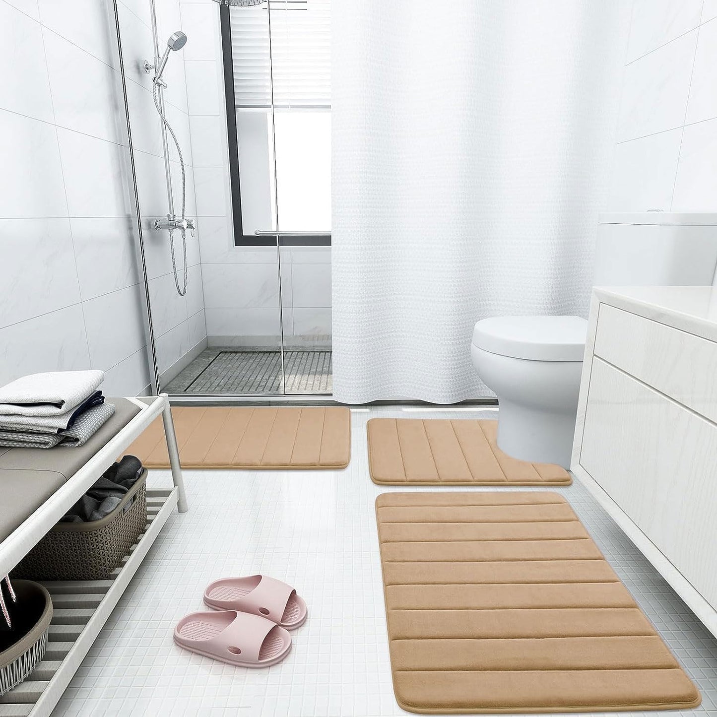 Buganda Memory Foam Bath Mat, 34" x 20", Ultra Soft and Non-Slip Bathroom Rugs, Water Absorbent and Machine Washable Bath Rug for Bathroom, Shower, and Tub, Camel