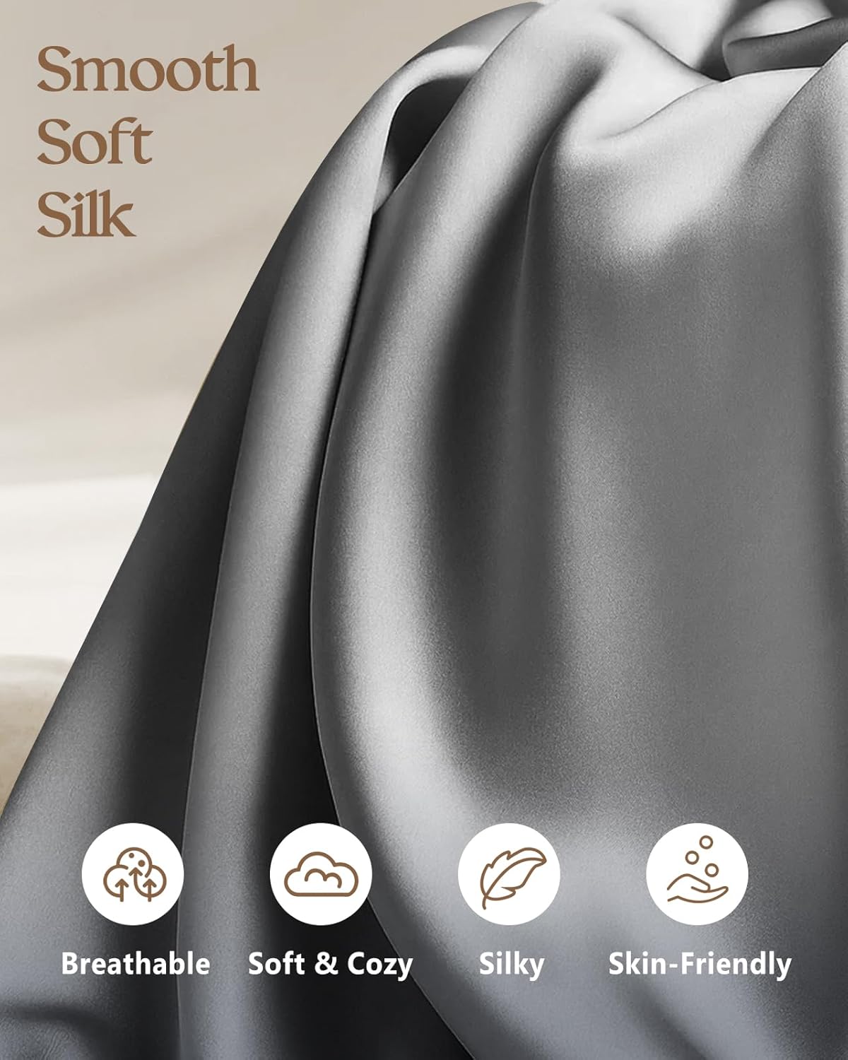 Silk Pillowcase 2 Pack - Pillow Cases Standard Set of 2 Size 20" x 26" for Hair and Skin Smooth Soft Breathable with Hidden Zipper Cooling Pillow Covers for Women, Light Grey