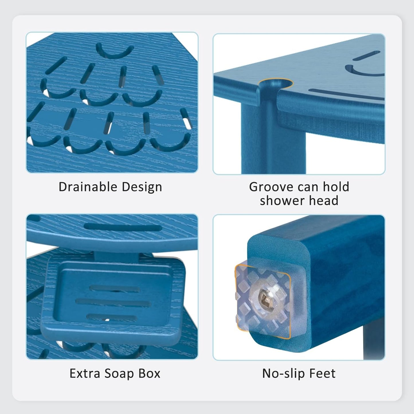 nalone Corner Shower Stool, HDPE Shower Bench for Inside Shower, Small Shower Chair Seat for Shaving Legs with Storage Shelf, Soap Box and No-Slip Feet (Navy Blue)