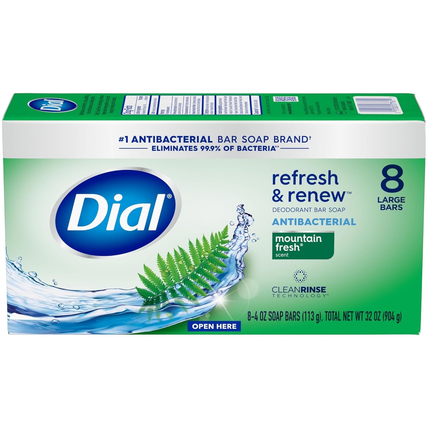 Dial Antibacterial Bar Soap, Refresh & Renew, Mountain Fresh, 4 oz, 32 Bars