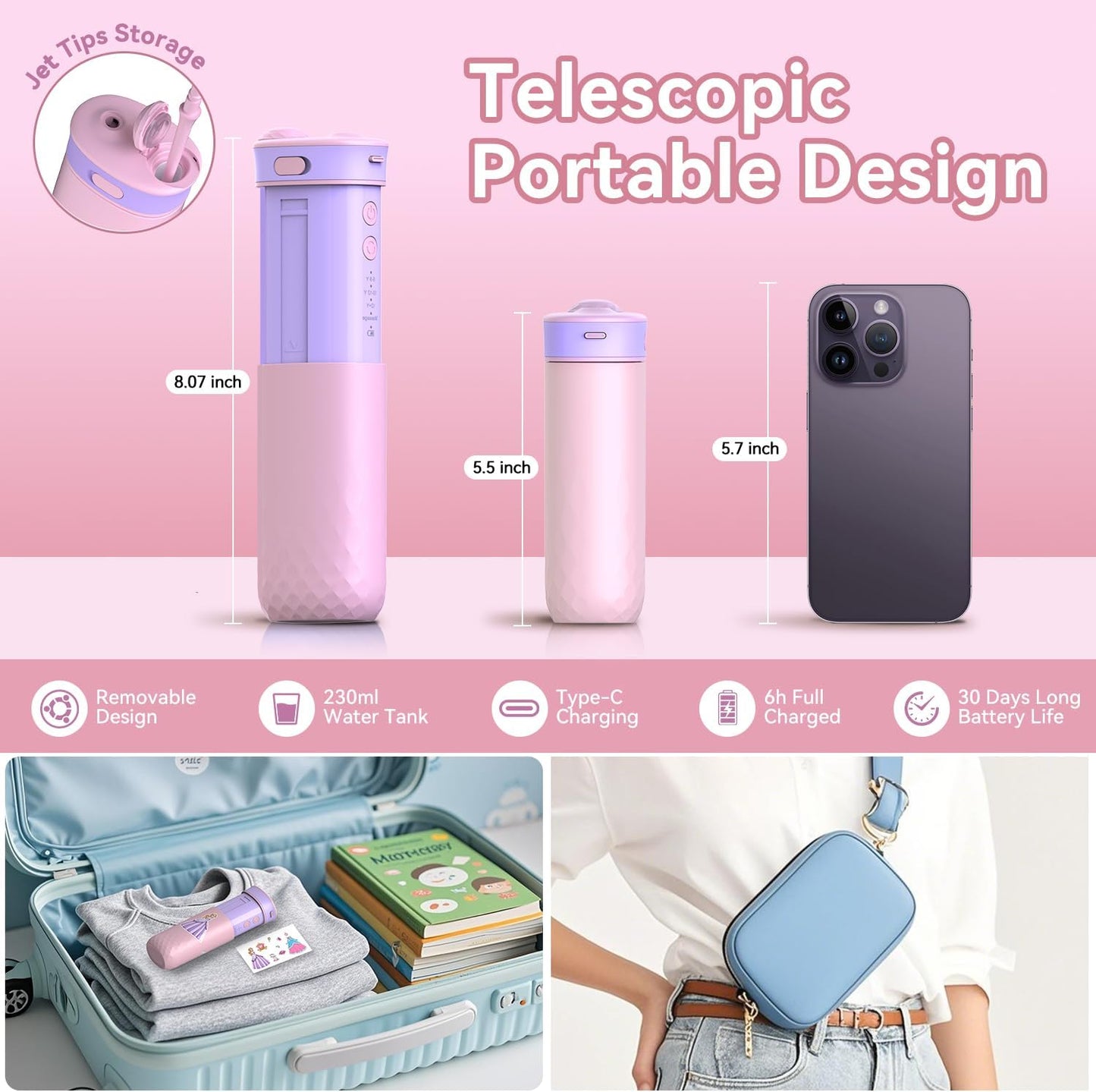 JTF Kids Water Dental Flosser: Rechargeable Portable Oral Irrigator with 4 Flossing Modes 230ml Tank 4 Tips Travel Bag Waterproof Stickers, Cordless Electric Flossers for Teeth Gum Braces Care, Age 6+