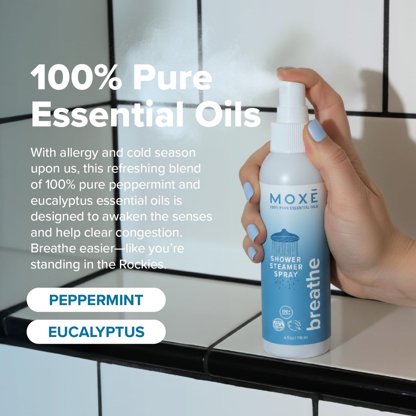 MOXE Shower Mist, Spa Steam Spray, Certified Natural Essential Oils, Aromatherapy, Tension Relief (Breathe, 4 Fl Oz (Pack of 2))