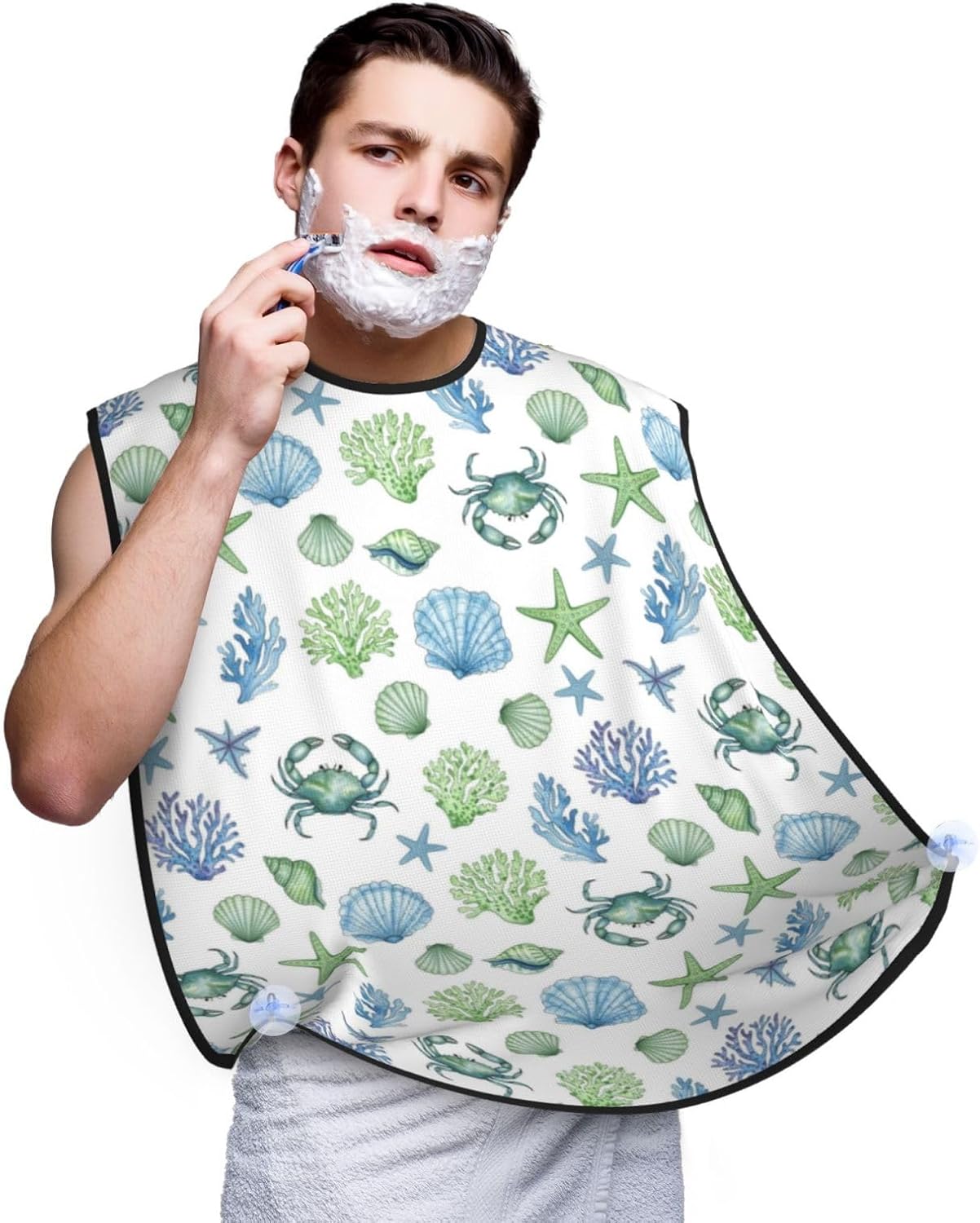 Beard Shaving Cape with Suction Cups, Under Sea Ocean Starfish Shell Coral Crab Watercolor Shave Bib, Non-Stick Waterproof Hair Catcher, Grooming Bib for Men Husband
