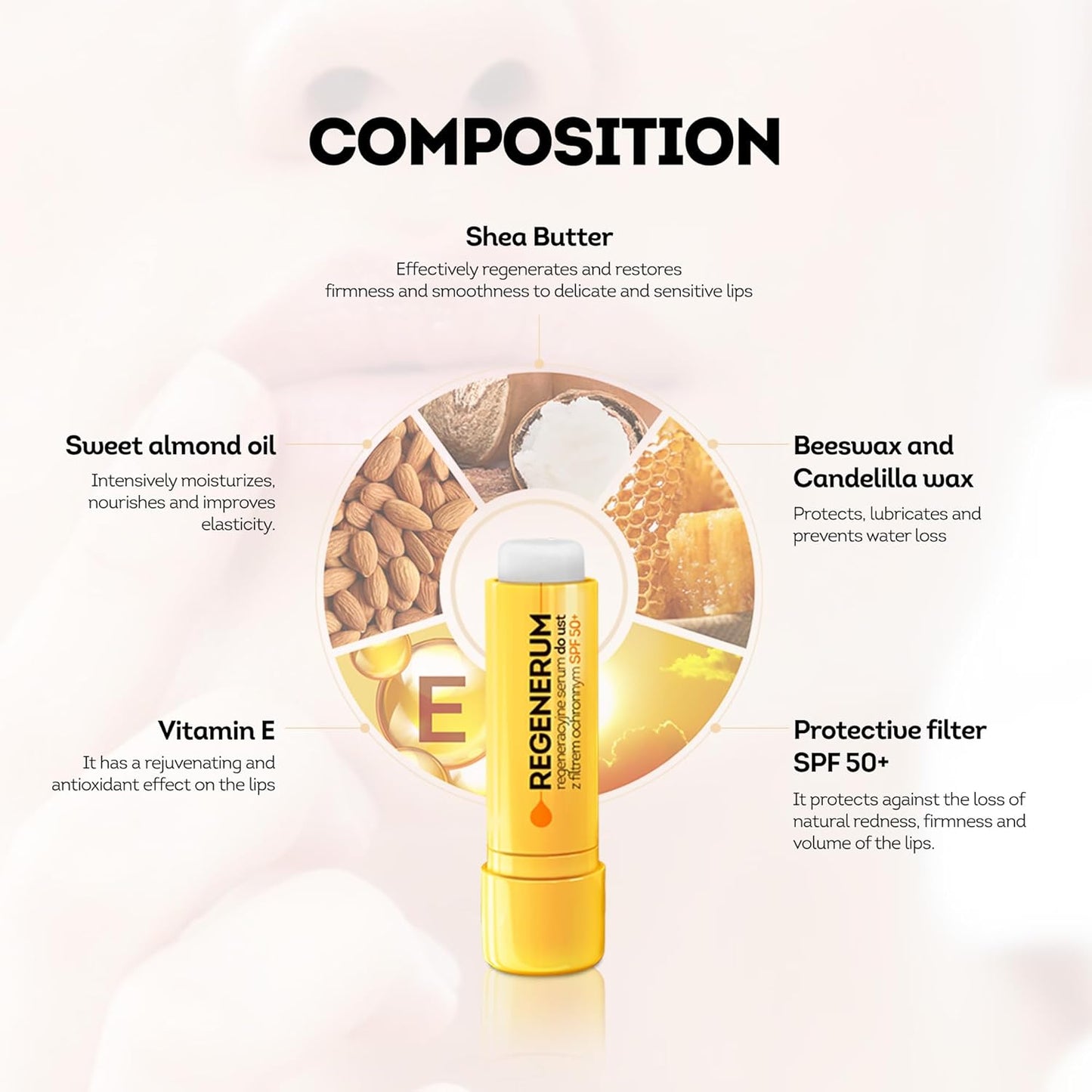 SPF 50+ Regenerating Lip Serum - Sunscreen and Conditioner, Hydrating and Nourishing Vitamin E Prevents Dryness and Pigment Loss - 5g