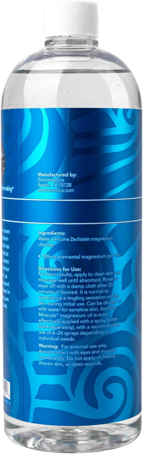 Ancient Minerals Magnesium Oil Refill Bottle, high Concentration Topical Genuine Zechstein Magnesium Chloride Topical Magnesium (33oz)