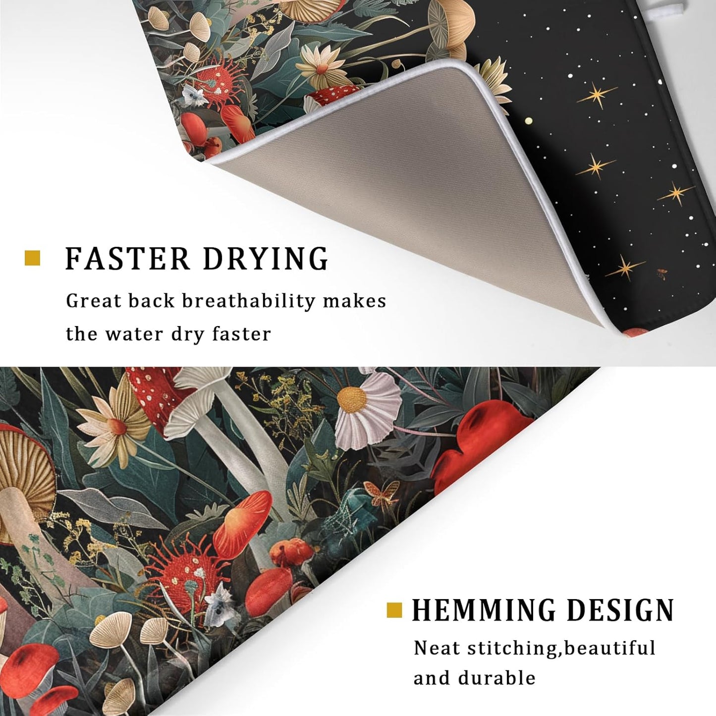 Black Mushroom Dish Drying Mat for Kitchen Counter Leaves Botanical Microfiber Dish Rack Mat Drainer Pad Washable Absorbent Dry Mat 18×24 Inch