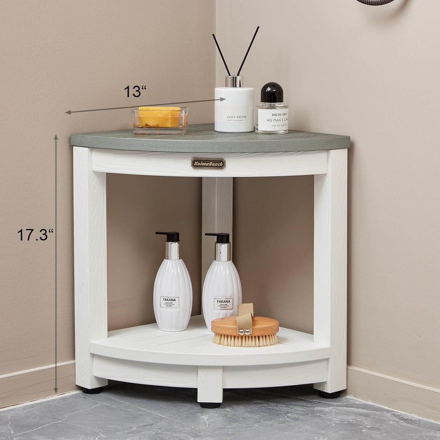 HDPS Corner Shower Stool, Heavy Duty Bench Seat with Shelf, Poly Shower Chair for Shaving Legs, No Maintenance, White+Gray, Weight Capacity 500LBS