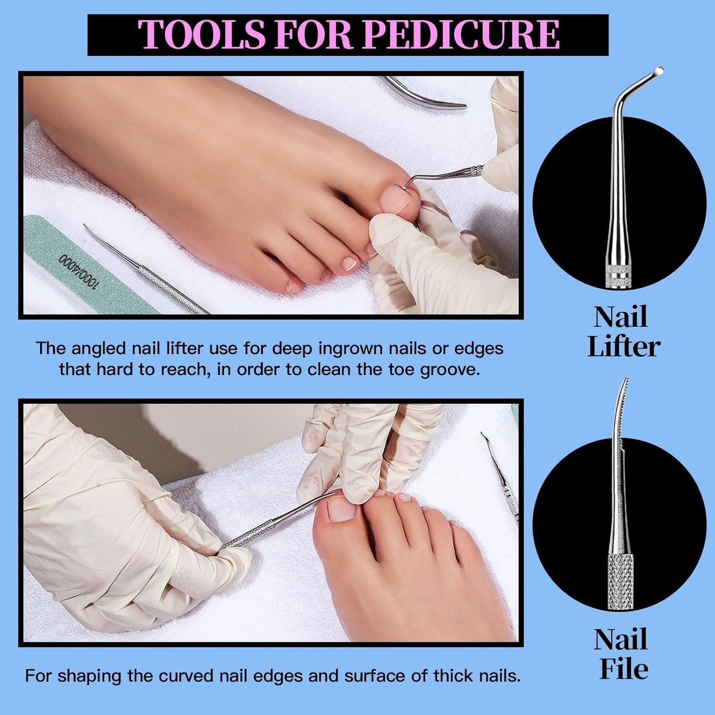 FANDAMEI Manicure Set, Nail Tools, Files 100/180, Buffer Block, Cuticle Nippers, Pusher, Peeler, Lifter for Ingrown Toenails, Toenail File, Care Kit, Blue