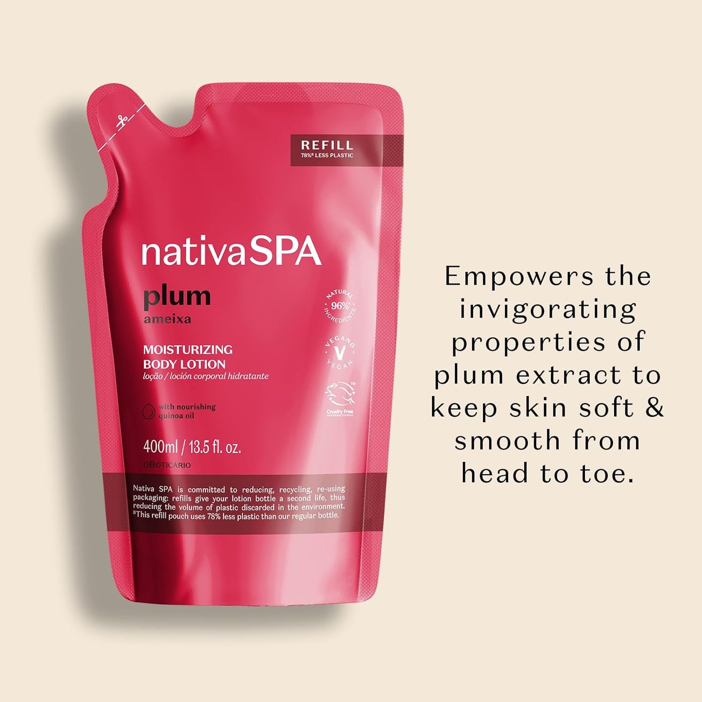 Nativa SPA by O Boticário, Plum Moisturizing Body Lotion Refill Pack, Fragranced Moisturizer Enriched with Purified Quinoa Drops to Boost Hydration, 13.5 Ounce