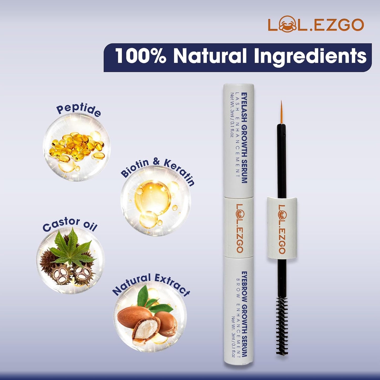 Eyebrow & Eyelash Growth Serum for Sensitive Eyes (2 in 1) - Peptide, Castor Oil & Natural Extract in Formula to Strengthen Thicken Lengthen Lash and Brow - 3mLx2 for 3 Months Supply