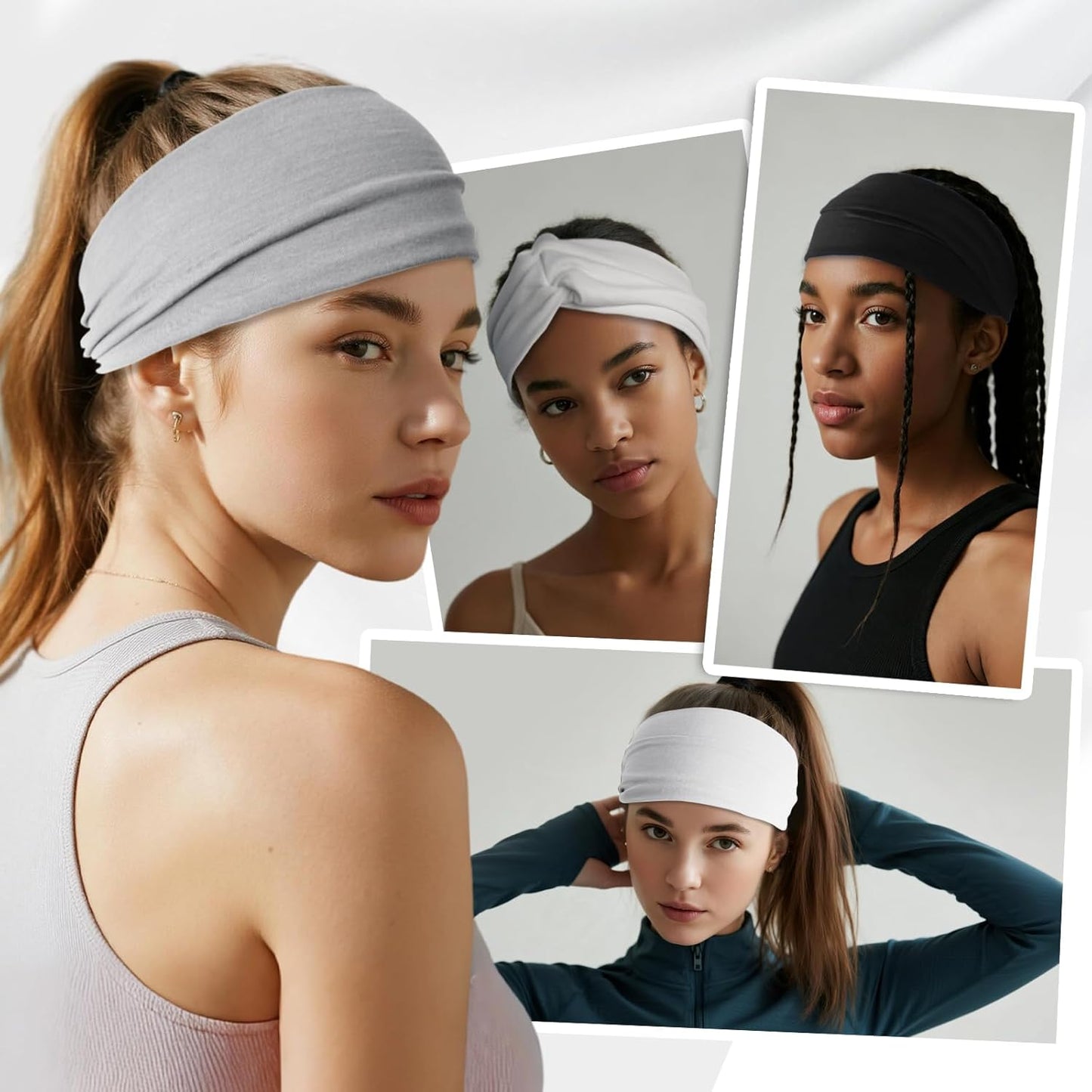 Headbands for Women, Non Silp Wide Hair Bands, Elastic Thick Head Bands, Stretchy Soft Sports Sweat Bands for Spa Workout Running Gym, Cotton Cloth Hair Accessories 6Pcs, Two Black/White/Gray