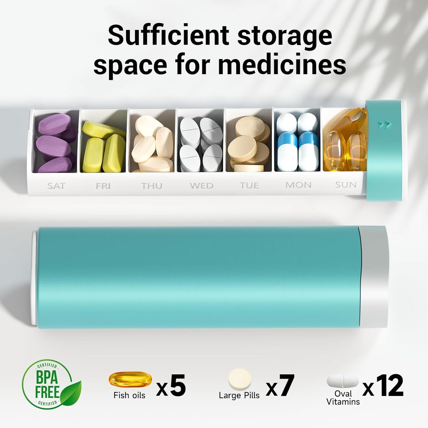 Weekly Pill Organizer 7 Day, Daily Pill Box, Travel Pill Case, Cute Pill Holder to Hold Vitamins, Medicines, Supplements, Pills Organizer (Green)