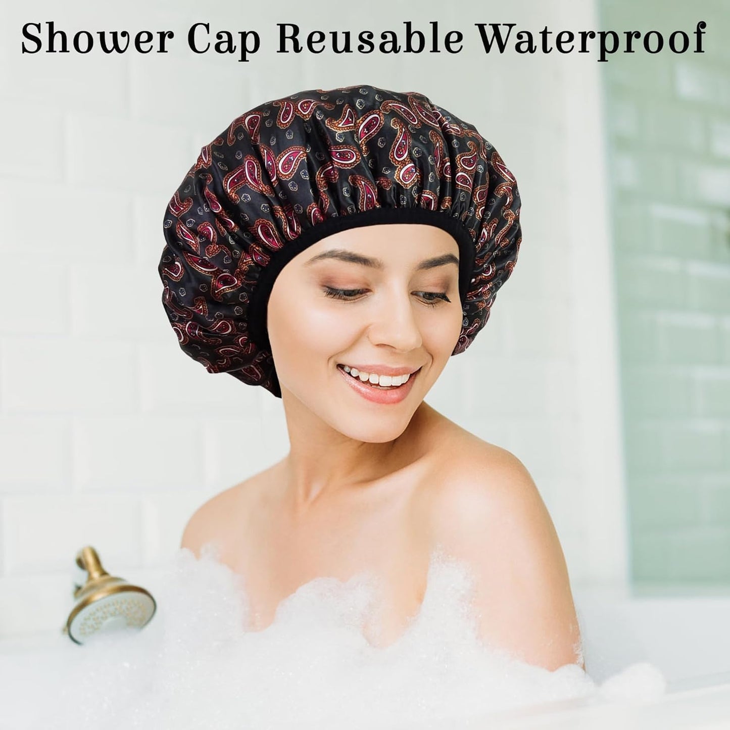 Shower Cap Reusable Waterproof, Terry Lined Shower Caps for Women, Triple Layer Hair Cap for Shower, Large Plastic Shower Cap for Braids Long Hair