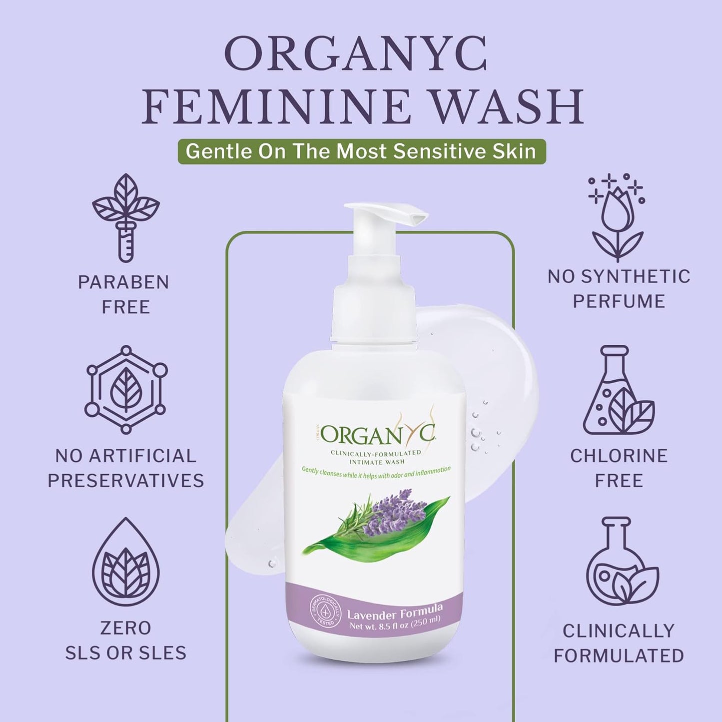 Organyc Organic Intimate Wash with Lavender Essential Oils & Flower Extracts, Gentle Cleansing Feminine Wash for Women with Sensitive Skin, Soothing pH Balance Feminine Wash, 8.5 fl oz, Pack of 2