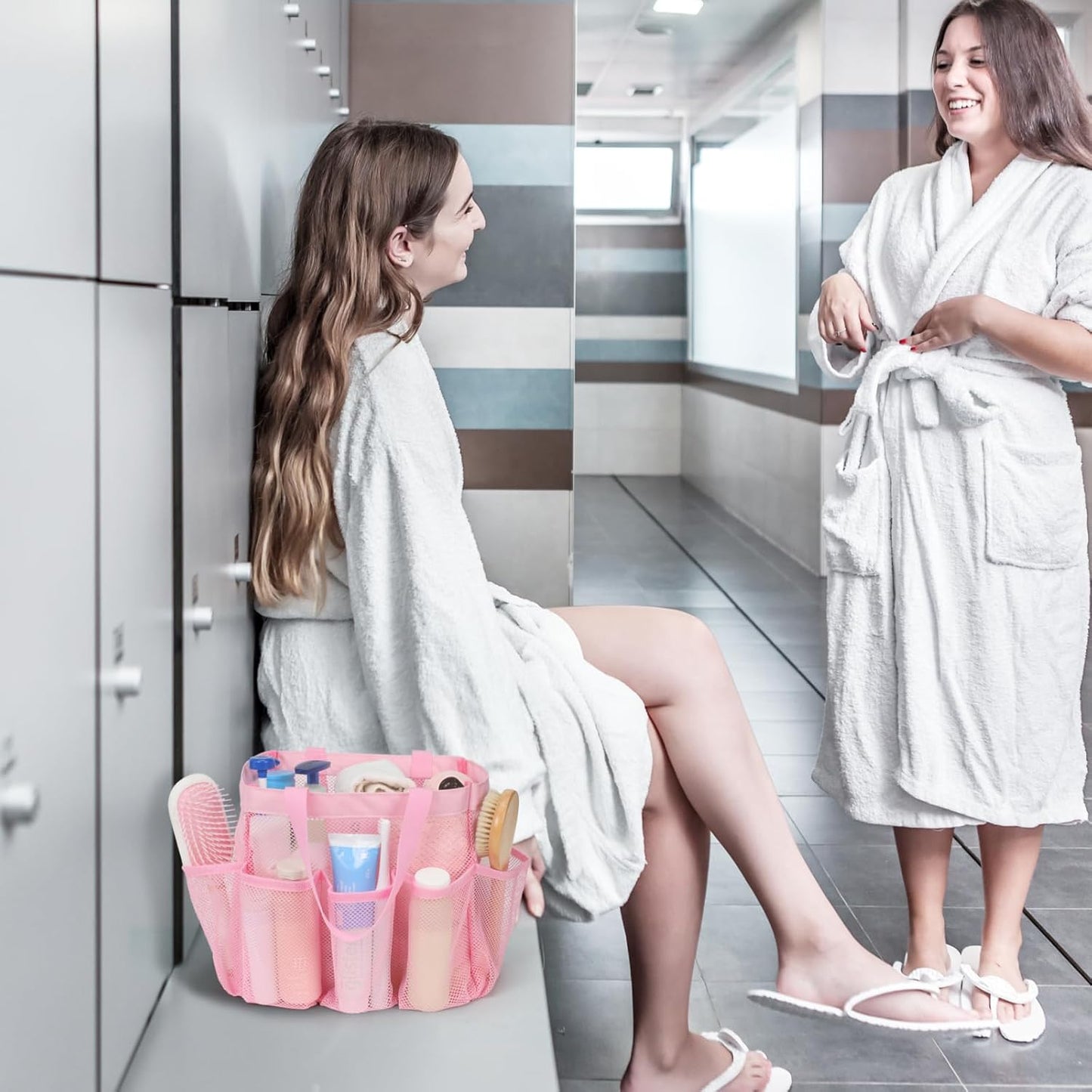 F-color Mesh Shower Caddy Portable, Upgrade Deeper 7 Pockets Shower Bag Basket Tote for College Dorm Room Toiletry Bathroom Essentials Gym Camp Quick Dry 2 handles with S Hook, Pink