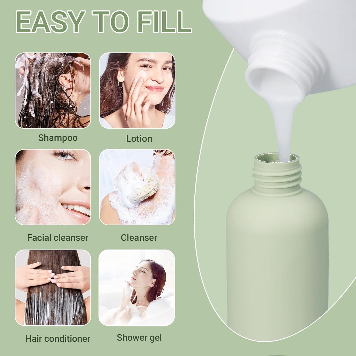 6.8oz Travel Bottles for Toiletries, Empty Plastic Squeeze Bottles with Flip Cap, Lotion Container for Toiletries Travel Size Shampoo and Conditioner (3 pack Green)