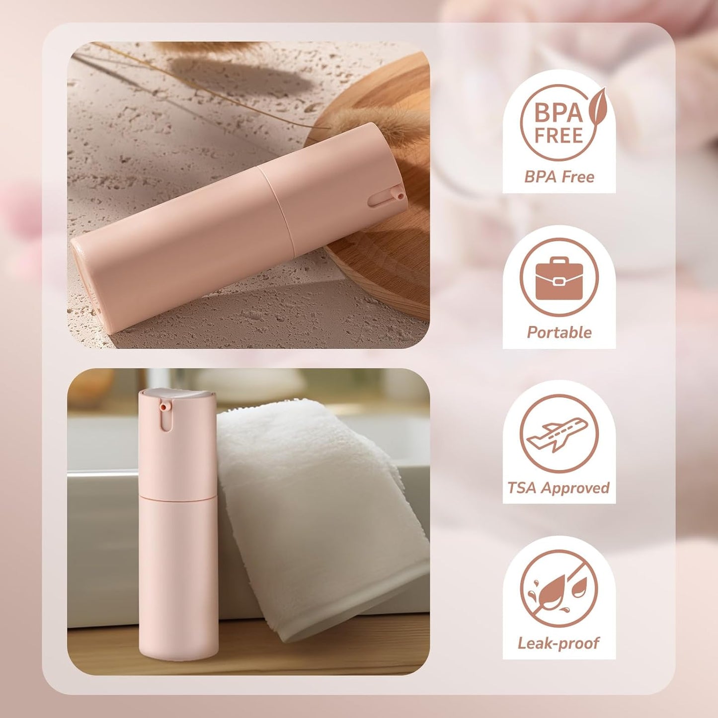 Airless Pump Bottles Travel: Lotion Dispenser for Small Size - Empty Shampoo Containers - Mini Vacuum Jar for Cream - 1 oz Plastic Pink