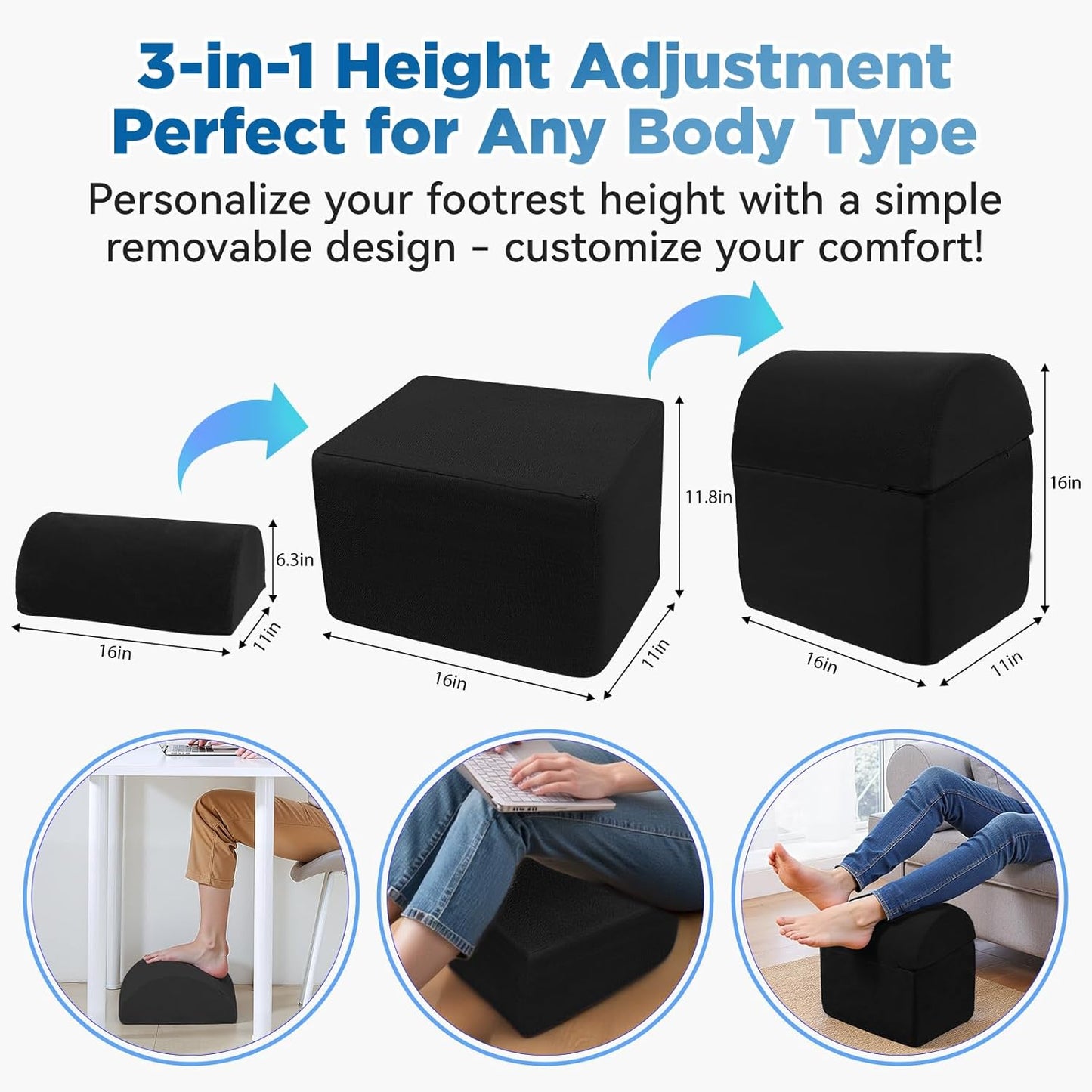 Adjustable Foot Rest for Under Desk at Work - 3-in-1 Ergonomic Foot Stool with Zipper Connection, Height Adjustable for Office, Home & Gaming (Black)