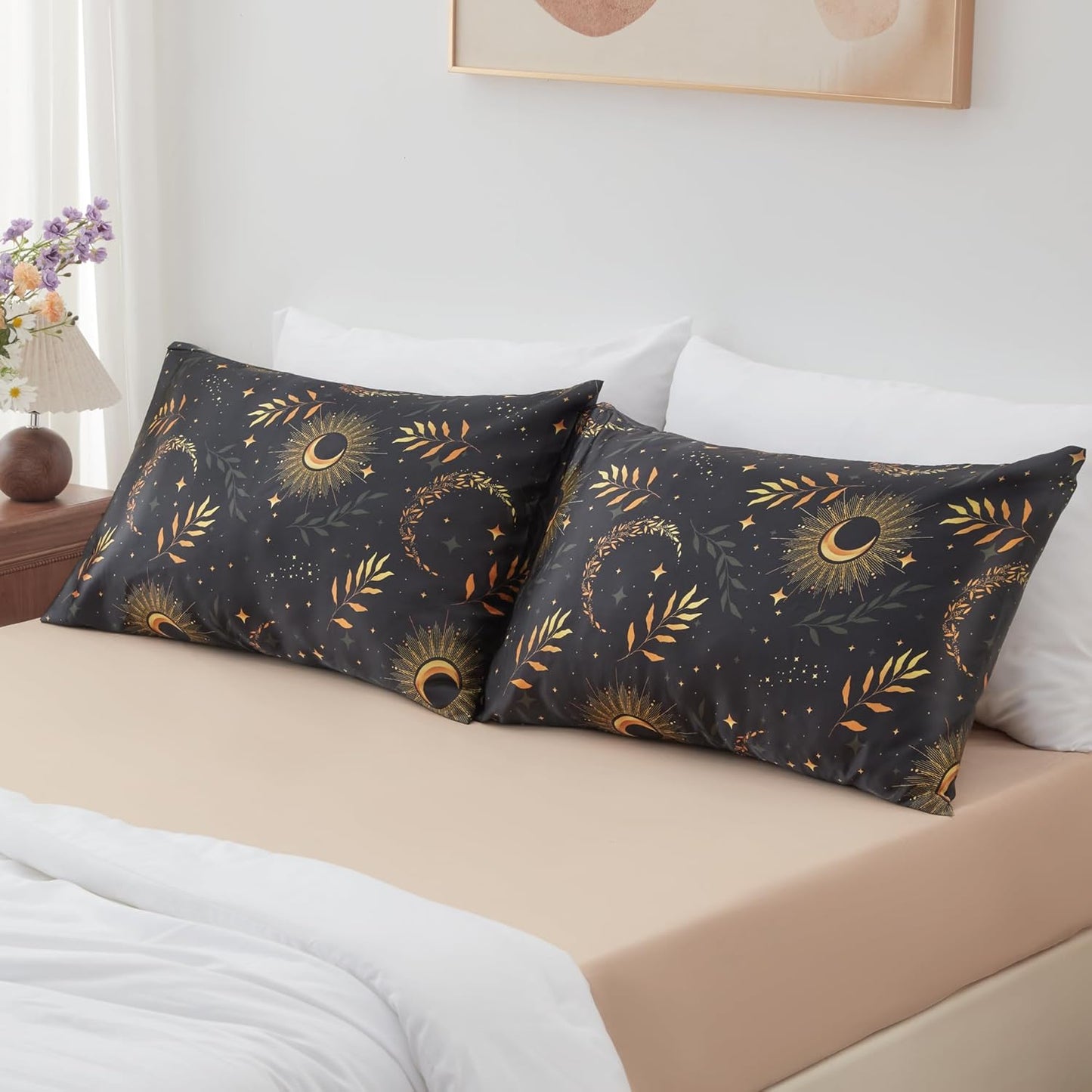 EXQ Home Satin Pillowcase for Hair and Skin Queen - Printed Black Moon Silk Pillowcase 2 Pack 20x30 inches - Satin Pillow Cases Set of 2 with Envelope Closure, Gifts for Women