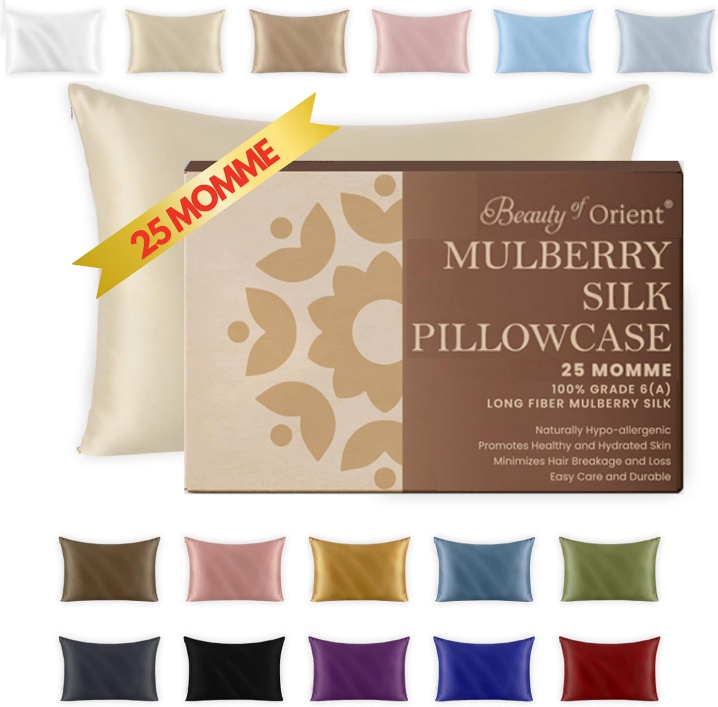 25 Momme Premium Mulberry Silk Pillowcase for Hair and Skin | Handcrafted Hypoallergenic & Anti-Acne Silk Pillow Cases with Zipper | King - 20" x 36", Vanilla Ice