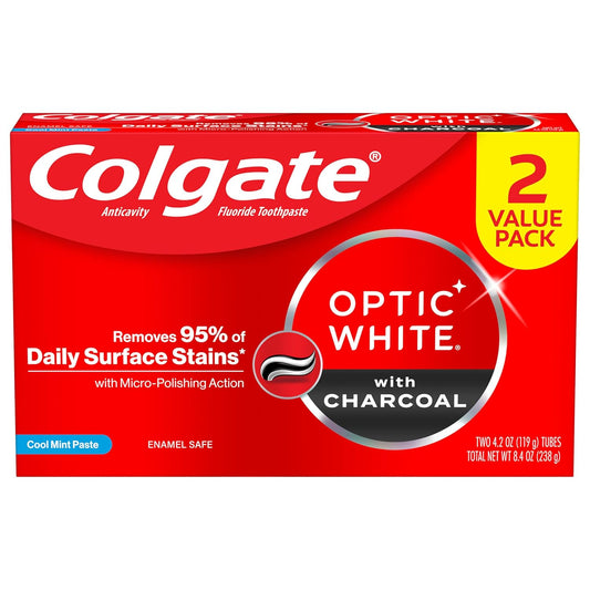 Colgate Optic White Whitening Toothpaste with Charcoal, Whitening with Charcoal Toothpaste Pack, Removes Daily Surface Stains, Enamel-Safe for Daily Use, Vegan, Cool Mint Paste, 2 Pack, 4.2 oz