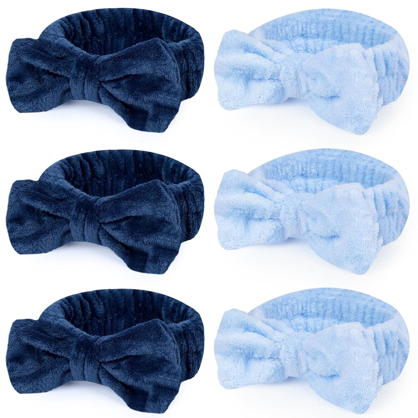 Shindel Spa Bow Headband - 6 Pack Cute Fuzzy Skin Care Headbands for Teen Girls' Face Washing & Shower - Blue