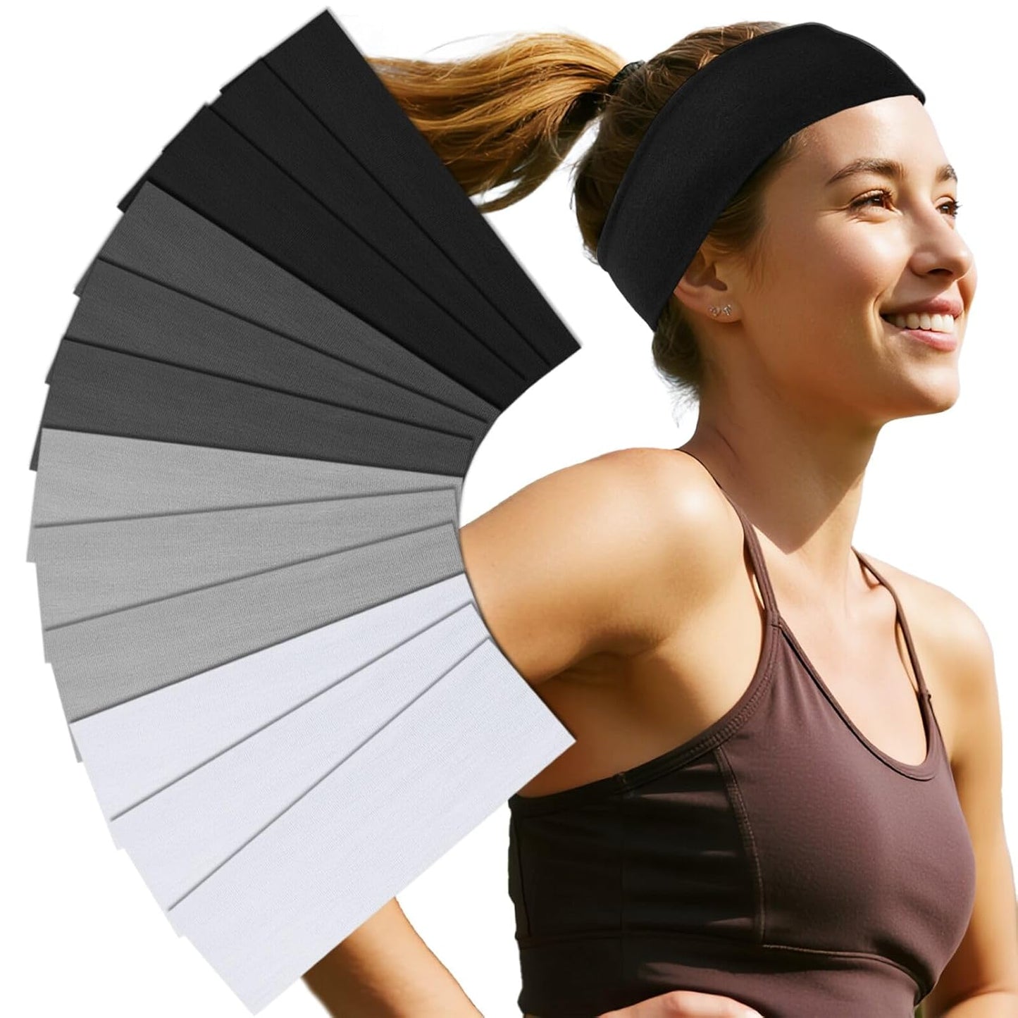 Headbands For Women 12 Pack Sweat Headband Yoga Black White Gray Elastic Head Bands Women's Hair Band Workout Hairbands Accessories